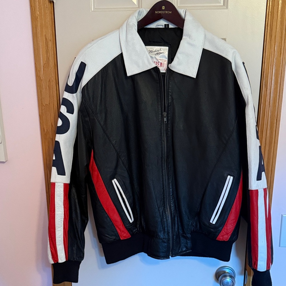 Michael Hoban Wheremi USA Men's Black and White Leather Jacket XL - Picture 1 of 11